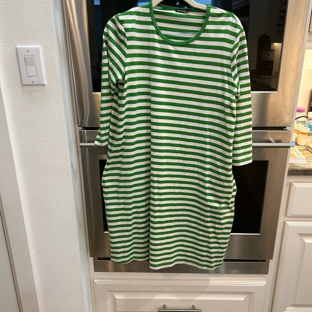 Marimekko Green and White Striped Midi Dress size S GUC